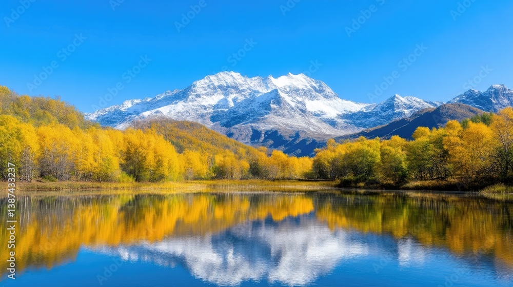 Obraz premium Autumnal alpine lake reflecting majestic snow-capped peaks