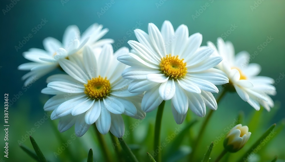 Fototapeta premium Close-up, eye-level shot of a cluster of white chrysanthemums covered in water droplets, set against a blurred background of blue and green