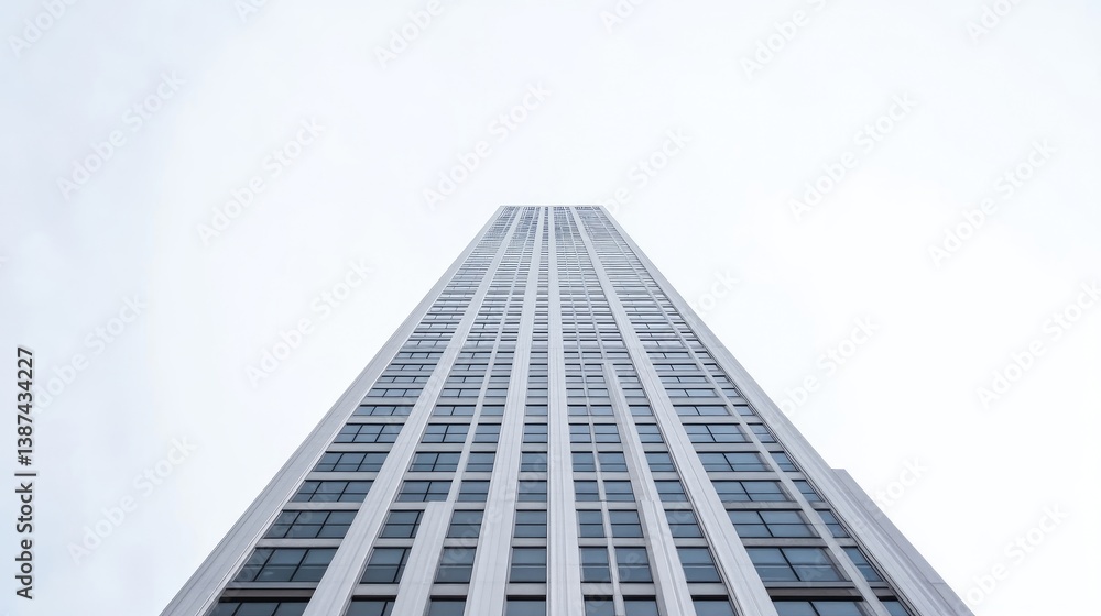Modern skyscraper towering against the sky. A perspective shot of a tall, slender building with numerous windows. Exterior is light gray Modern skyscraper towering against the sky. A perspective shot of a tall, slender building with numerous windows. Exterior is light gray