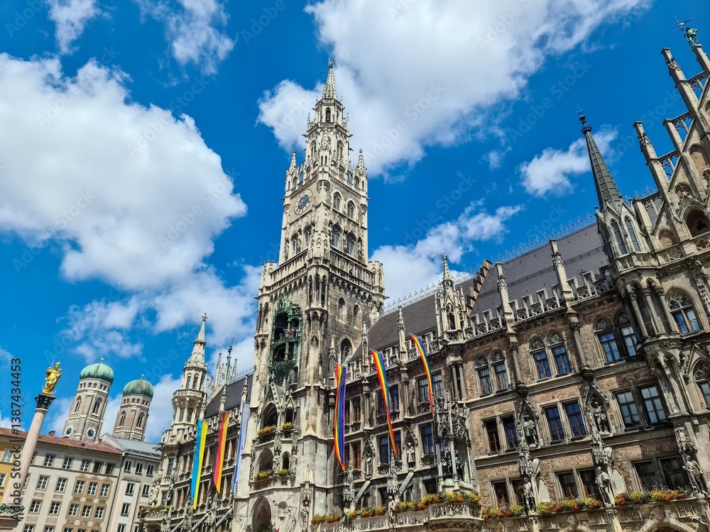 Fototapeta premium Neues Rathaus displaying rainbow flags in Munich, Germany