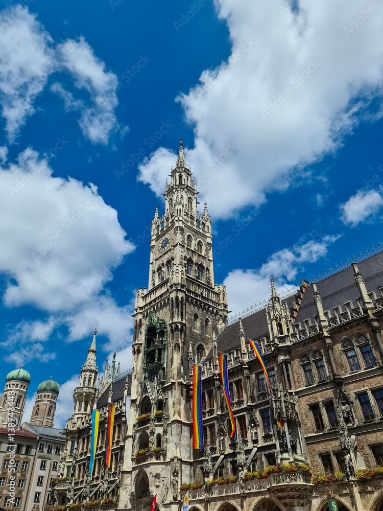 Neues Rathaus decorated with rainbow flags during Munich Pride