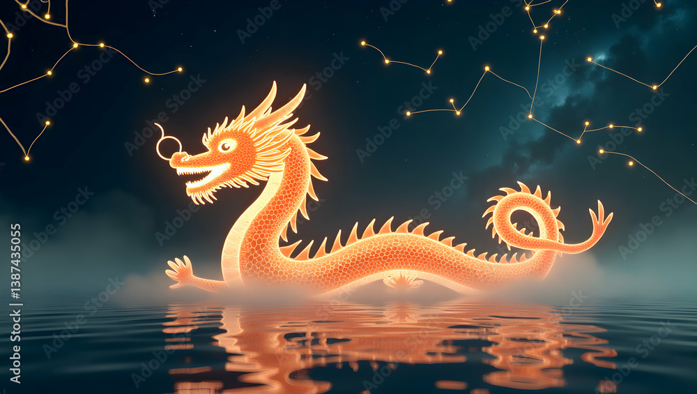 Obraz premium Celestial Dragon, A Dreamlike Depiction of Lunar New Year with a Glowing Orange Dragon Emerging from Water Under a Starry Night Sky Creating a Mystical Ambiance