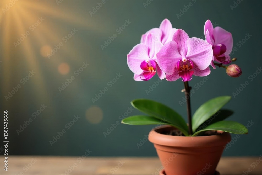 Naklejka premium Delicate pink orchid blooms in terracotta pot, closeup, bloom, blossom