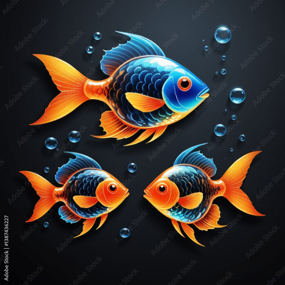Fototapeta premium Vibrant goldfish swimming in bubbles against a dark background 