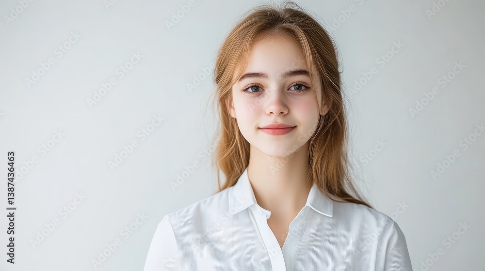 A young woman with light brown hair smiles gently in a close-up portrait. She wears a crisp white collared shirt. The image is well-lit, showing soft features. The style is clean and minimalist. The A young woman with light brown hair smiles gently in a close-up portrait. She wears a crisp white collared shirt. The image is well-lit, showing soft features. The style is clean and minimalist. The