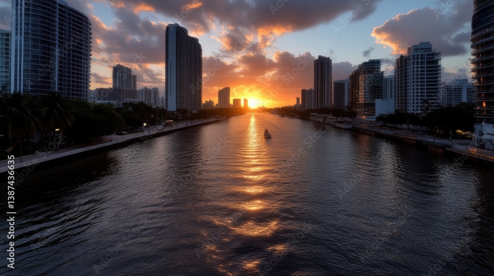 Fototapeta premium Sunrise over a canal city skyline