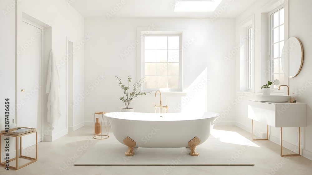 Scandinavian Modern White bathroom With Window, White Tub Scandinavian Modern White bathroom With Window, White Tub