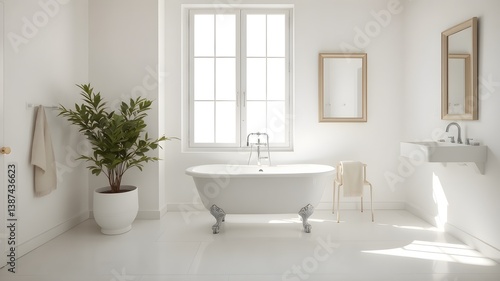 Minimalist Sca-Andalusian bathroom style, white tub design