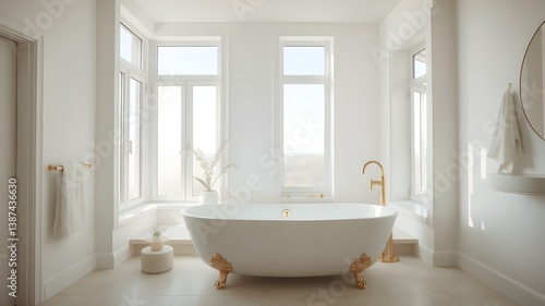 Luxury Scandinavian Bright bathroom, white tub