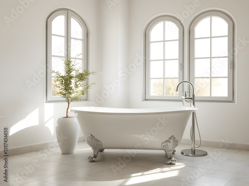 Minimalist Sca-Andalusian White Bathroom Style, Beautiful Tub