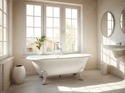 Minimalist Sca-Andalusian bathroom, white tub, big windows