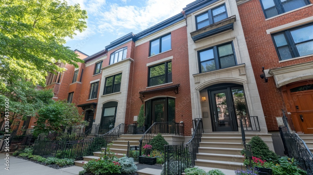 Naklejka premium Architecturally designed townhouse featuring sharp edges, metal accents, and a small front garden.