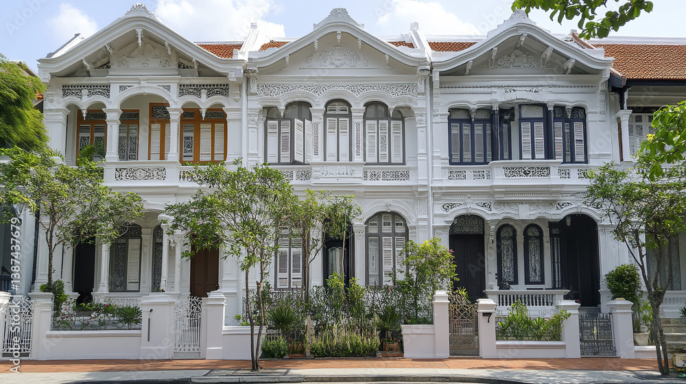Obraz premium Elegant white terrace houses with ornate details and lush greenery
