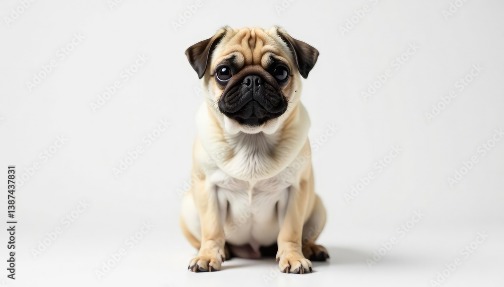 Obraz premium Adorable pug dog sits alone on white background, isolated, expression