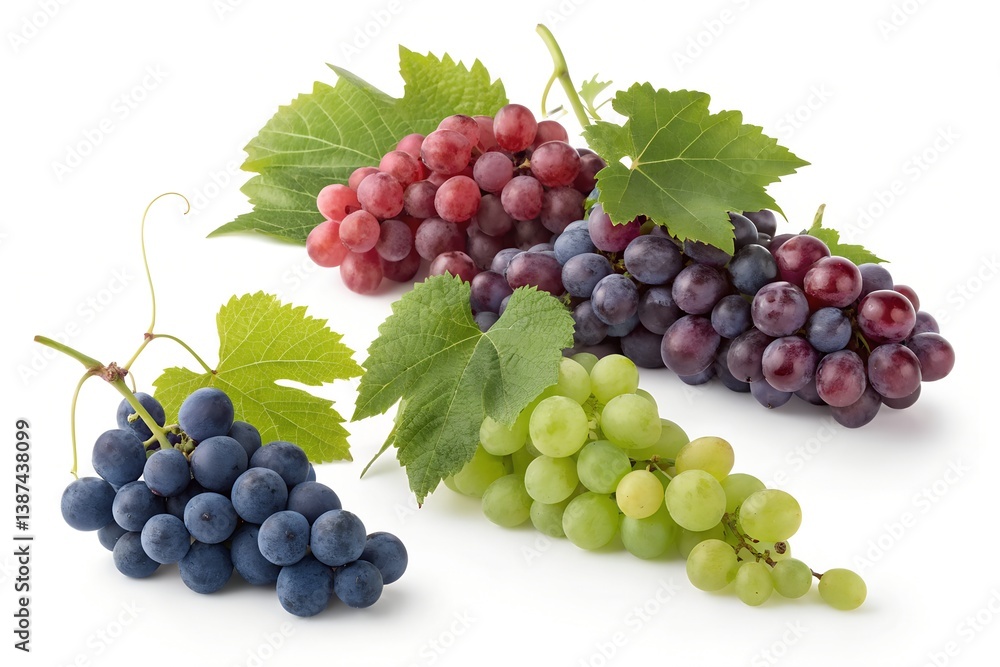 Obraz premium A still life photograph showcasing bunches of red green and purple grapes with green leaves on white