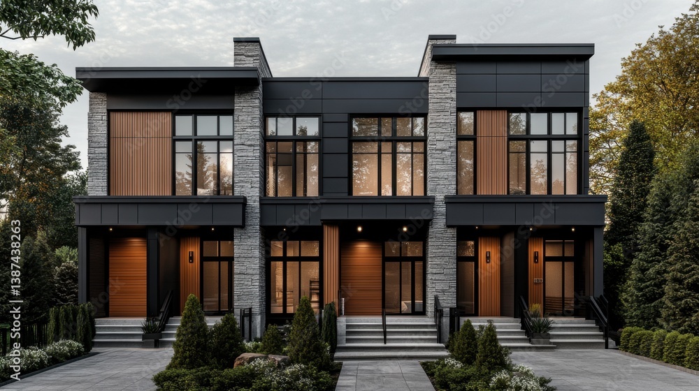Fototapeta premium A beautiful modern townhouse facade with dark wood and metal accents, showcasing a sophisticated minimalist design.
