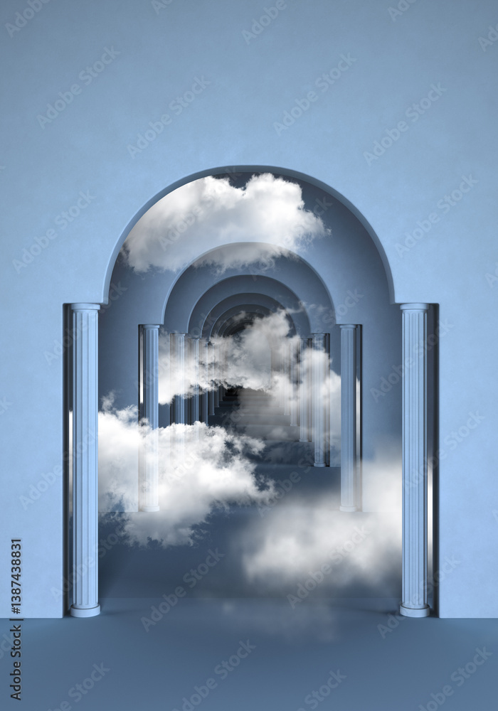 Surreal Blue Archway with Floating Clouds 3d render image
