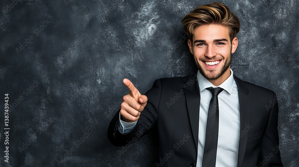 Smiling businessman pointing with dark background. Smiling businessman pointing with dark background.