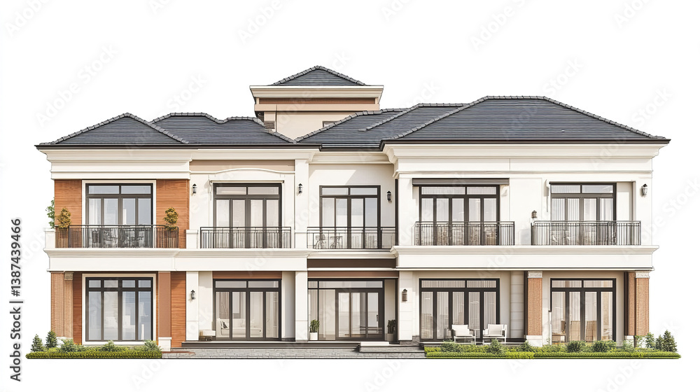Fototapeta premium Elegant two story house with large windows and balconies