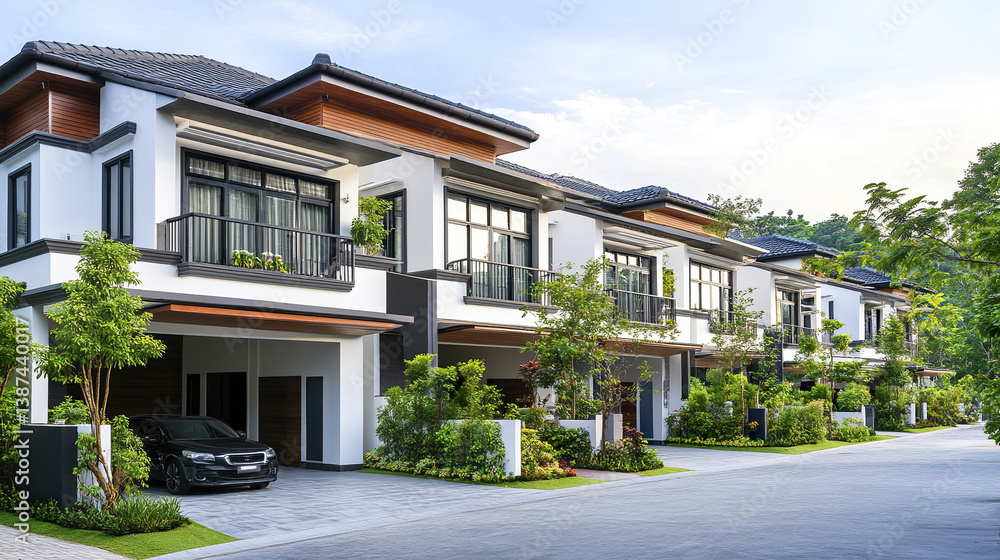 Modern terrace houses with lush greenery and parked cars create serene neighborhood Modern terrace houses with lush greenery and parked cars create serene neighborhood