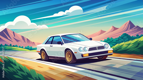 White car speed driving on asphalt road at daytime