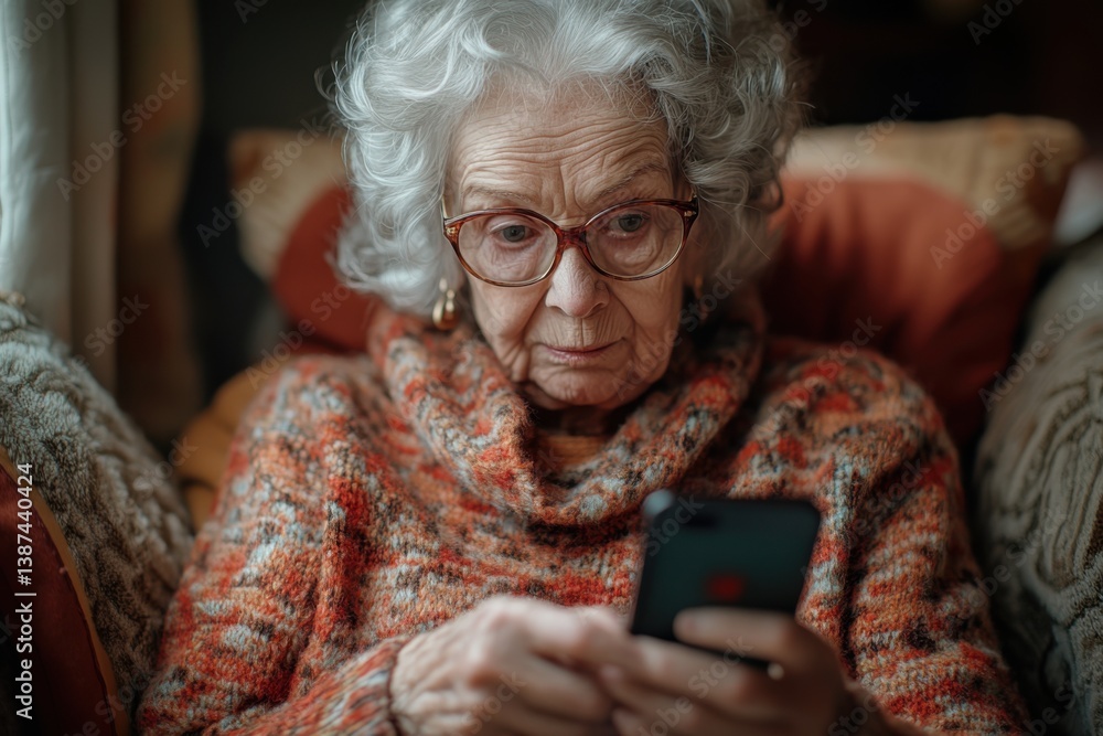 Senior Woman Using Smartphone in a Cozy Home, exploring knowledge online, engaging in thoughtful browsing