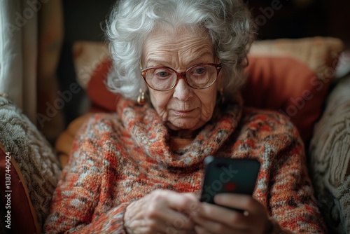 Obraz na płótnie Senior Woman Using Smartphone in a Cozy Home, exploring knowledge online, engaging in thoughtful browsing w salonie