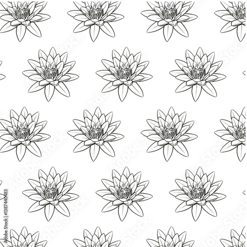 Water Lily or Nymphaea tropical flower Seamless Pattern Background.  Black and White Water Lily isolated in white. Hand drawn vector sketch Outline illustration Line Art