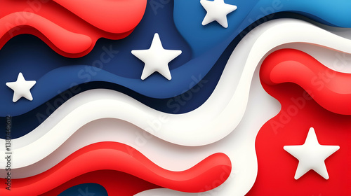 Abstract Fourth of July Background with Red White and Blue Waves and Stars