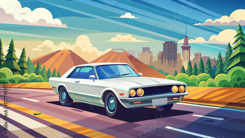 White car speed driving on asphalt road at daytime