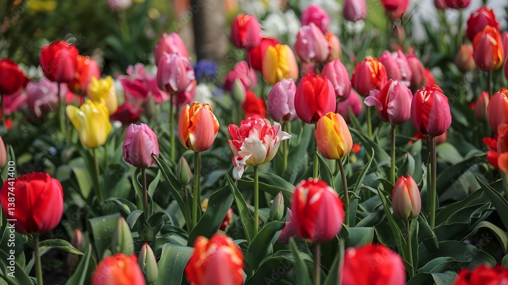 red and yellow tulip flowers and green fields red and yellow tulip flowers and green fields