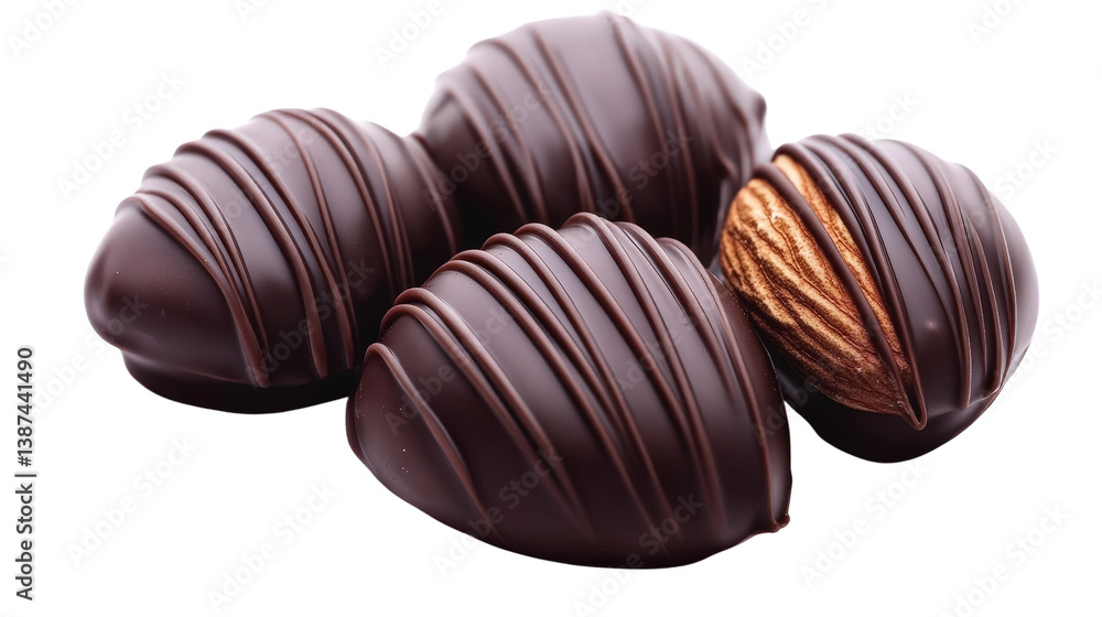 A group of almonds dipped in chocolate isolated on white, beautifully arranged to display the rich, velvety coating and the crunchy almond inside.