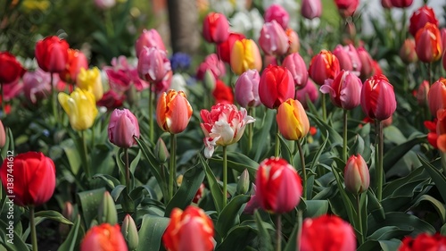 red and yellow tulip flowers and green fields