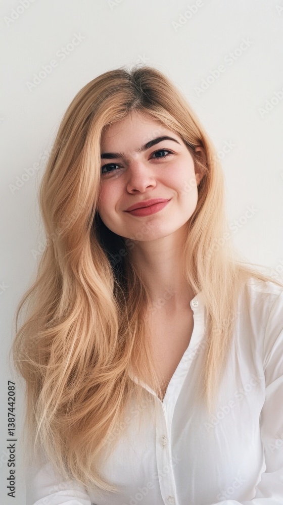 Smiling Woman with Long Blonde Hair in White Shirt Against White Background. Smiling Woman with Long Blonde Hair in White Shirt Against White Background.