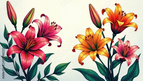 Intricate line art lilies & buds, continuous design, white, pattern, black and white floral