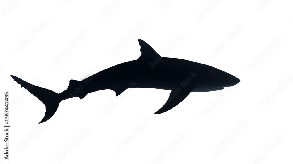 Obraz premium A dramatic shark silhouette, with its distinct shape and features, isolated against a clean white background.