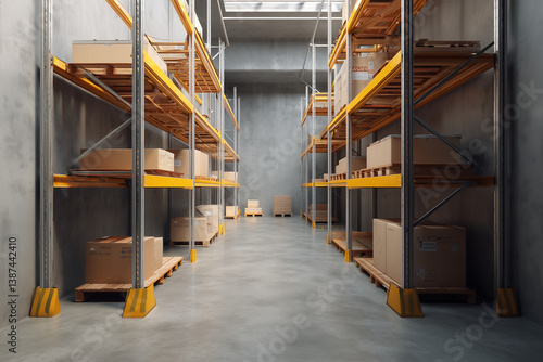 Warehouse or industry building interior. known as distribution center, retail warehouse. Part of storage and shipping system. Included box package on shelf, empty space and concrete floor. 3d render.