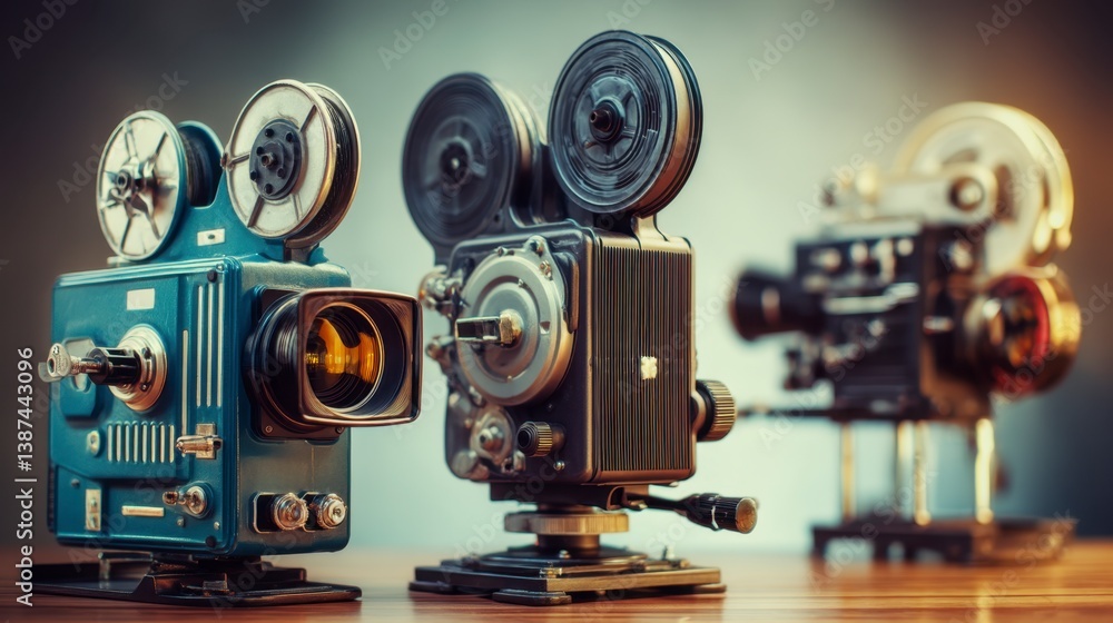 Three vintage movie cameras on a wooden surface, close up view, dark background.