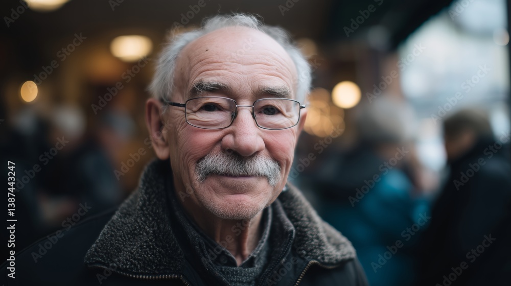 Smiling Elderly Man with Glasses and Mustache Standing Indoors in a Warm Social Setting Smiling Elderly Man with Glasses and Mustache Standing Indoors in a Warm Social Setting