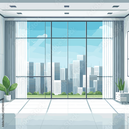 Modern office lobby with glass windows and city view in realistic style. Ideal for corporate real estate, business center promotions, and architectural visualization.
