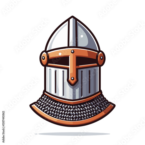 Medieval knight helmet with chain mail neck protection in silver and bronze tones. Ideal for historical warfare exhibitions, middle ages reenactments, and battle gear collections.