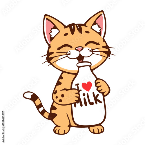 cat with a bottle of milk, I love milk cartoon illustration