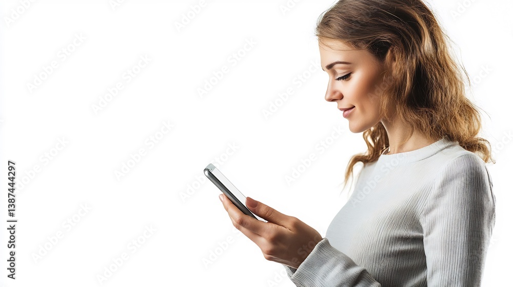 Businesswoman conducting an online banking transaction on her smartphone The isolated white background underscores the electronic nature of the task Businesswoman conducting an online banking transaction on her smartphone The isolated white background underscores the electronic nature of the task