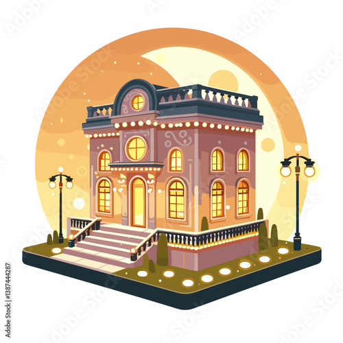 Vector art of elegant historic building or opera house at sunset. Ideal for cultural venue websites, architectural landmarks, and historical city guides.