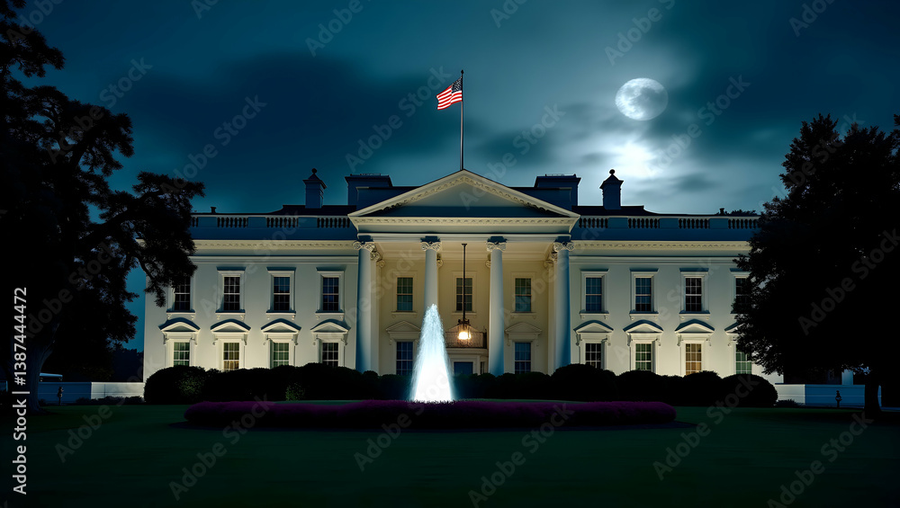 Naklejka premium Dramatic Nighttime Photograph of a Grand Building with American Flag and Full Moon, Evoking a Sense of History, Power, and Awe Under the Luminous Moonlight and Starry Skies