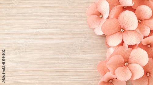 Flower wooden board weather. Delicate pink flowers arranged decoratively on a light wooden surface, creating a serene and elegant aesthetic.