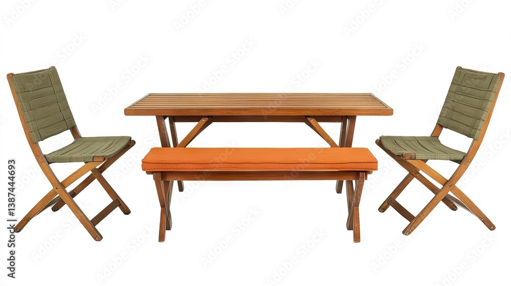 Playful mix of dining seating a folding chair, a bench, and two classic chairs in earthy tones Playful mix of dining seating a folding chair, a bench, and two classic chairs in earthy tones