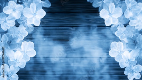 Flower wooden board weather. A serene blue background framed by delicate flowers, creating a calming and elegant atmosphere.