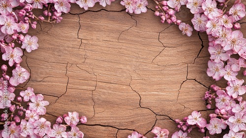 Flower wooden board weather. A rustic wooden background framed with delicate pink cherry blossoms, creating a serene and natural aesthetic.