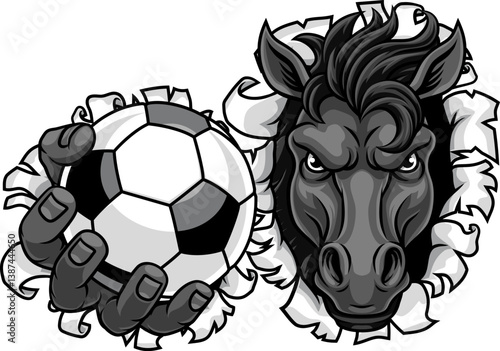 Horse mustang bronco stallion soccer football angry sports team mascot holding a ball.